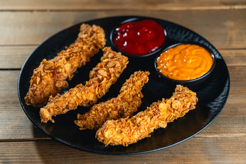 Csirkemellcsíkok Tortilla Chips bundában 1 Ropogós conr flakes csirkemell csíkok, mártogatóssal