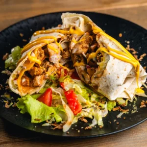 Csirkés tortilla salátával tálalva.