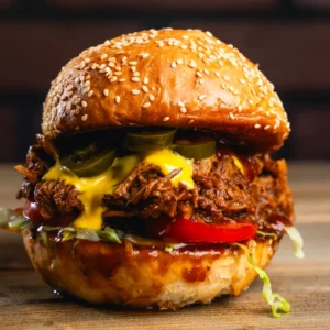 Szezámmagos burger, pulled-pork hússal, jalapeno-val, és mennyei cheddar sajttal.